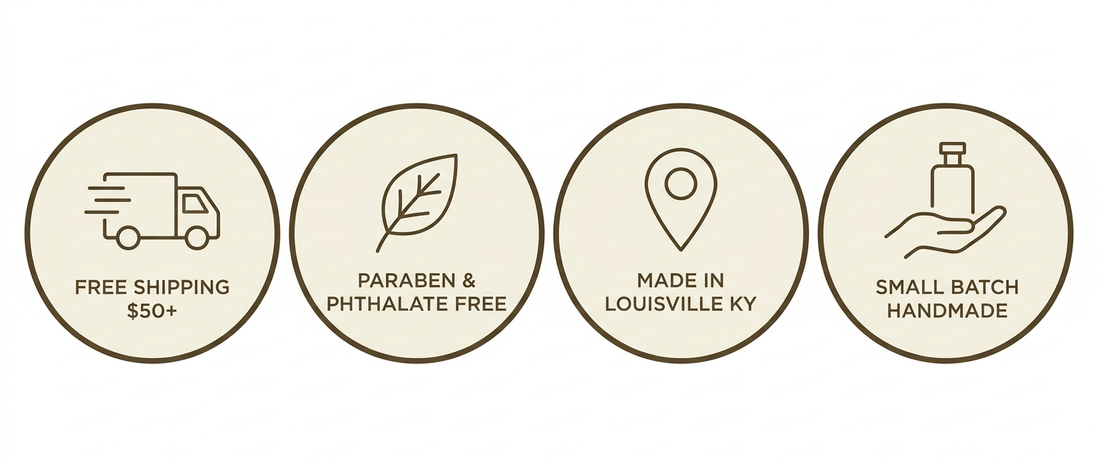 ODUOAK trust badges: free shipping over $50, paraben and phthalate free, made in Louisville KY, small batch handmade